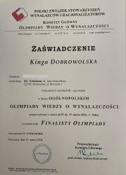 Finalistka etapu Ogólnopolskiego Olimpiady Wiedzy o Wynalazczości